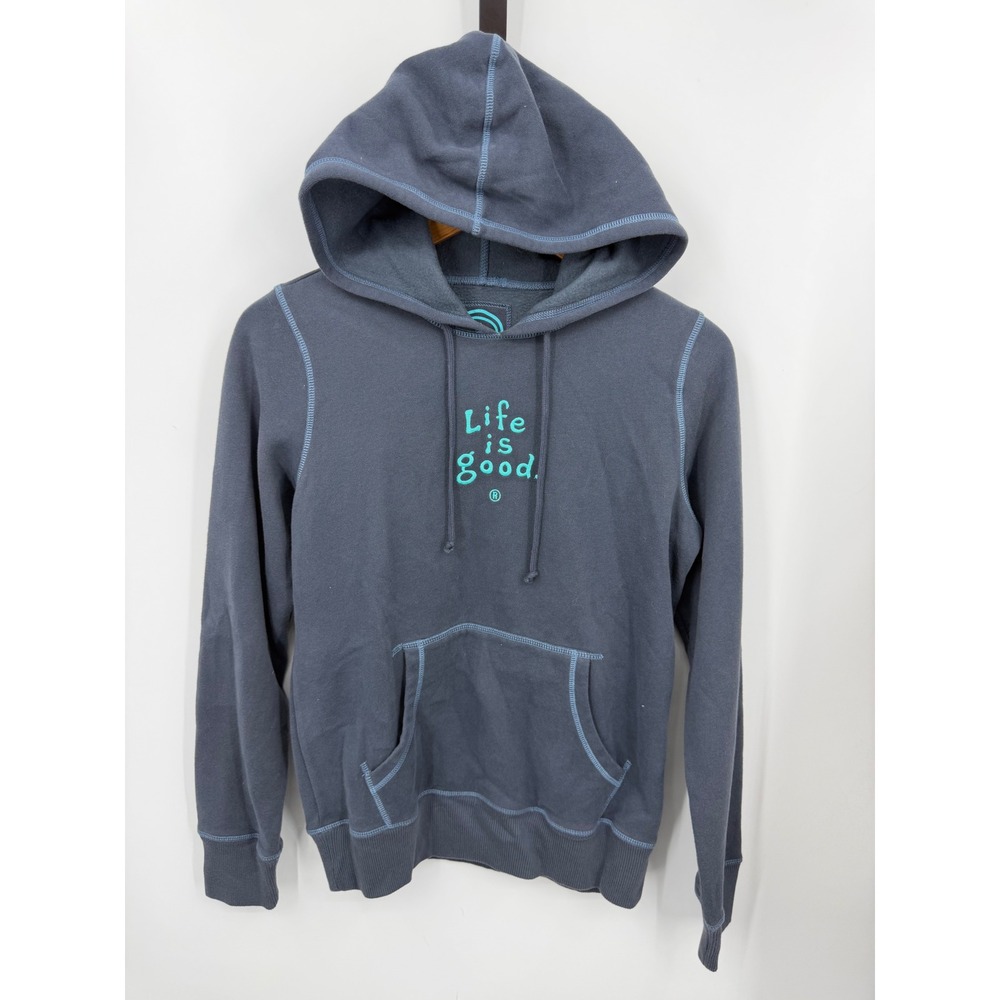 Life is Good Semi-Fitted Pullover Hoodie Womens Medium Blue Teal Logo Fleece